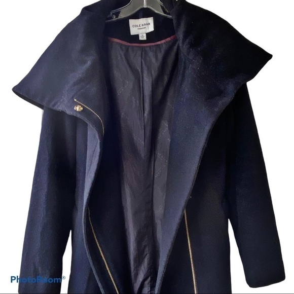 COLE HAAN WOOL BELTED SHAWL HIGH COLLAR WRAP COAT BLACK FORMAL OLD MONEY, 12 - Picture 10 of 15